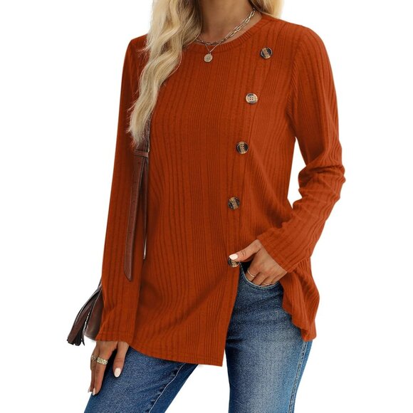 Long Sleeve Tops for Women Tunics Buttons Front Slit - Picture 2 of 4